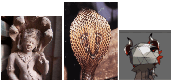 1: Shesha, the Hindu deity, 2: Hooded cobra, 3: Sesa's hood for comparison
