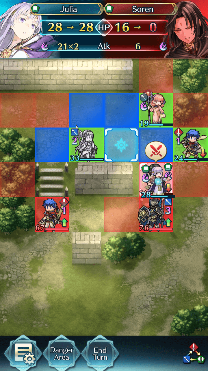 Positioning Azura here allows her to bait out enemy Ike, while Julia takes care of Soren with her G Tomebreaker. Alternatively, you could have your tank attack Soren while your mage uses Draw Back to pull them away from the Lance Knight.