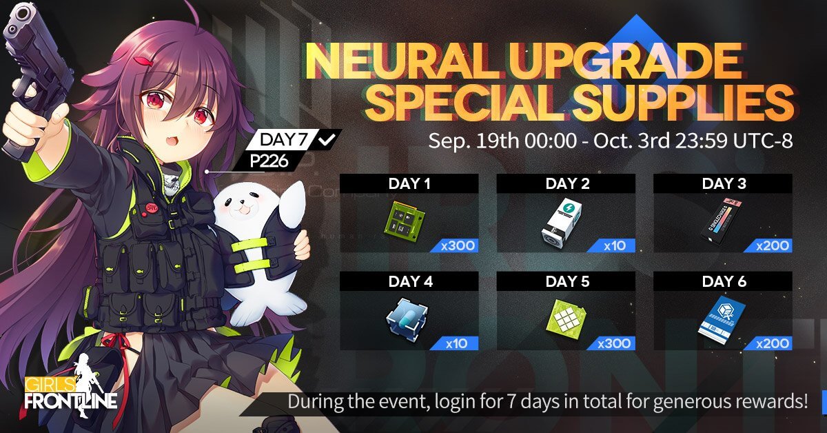 Neural Upgrade Login Event official banner showing all rewards including P226