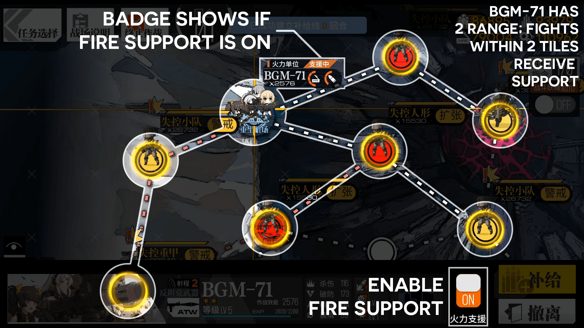 Indicator Infographic to show a HOC's "support range", or the distance at which they will provide fire support to allied echelons.