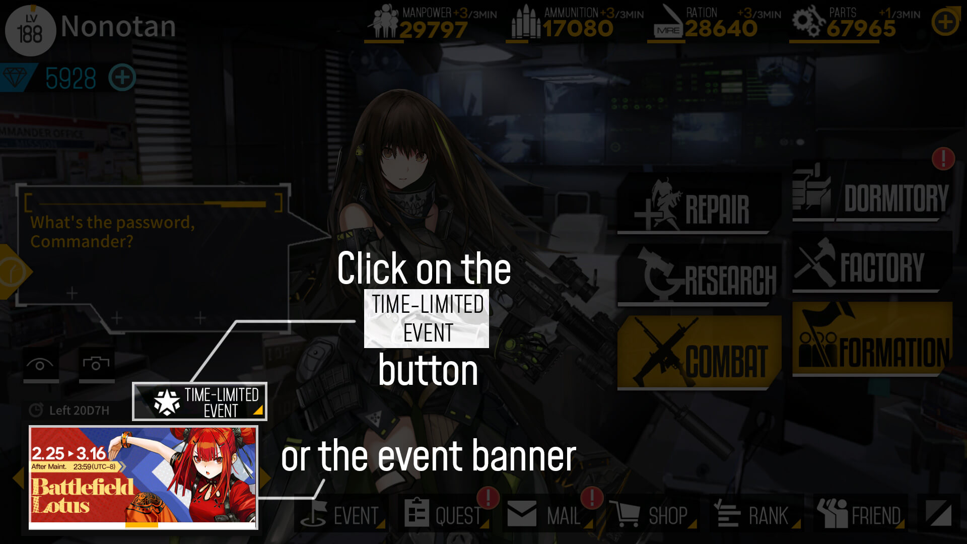 Image showing how to access the Girls' Frontline "Battlefield Lotus" point event in the GFL UI