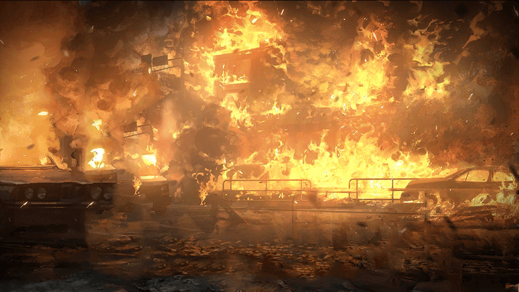 Ingame CG of a burning building.