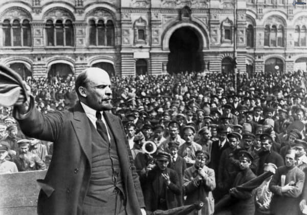 Vladimir Lenin speaking to the crowd during the revolution in 1917.