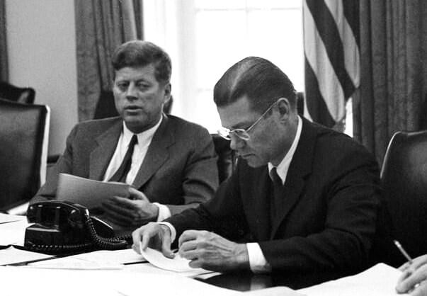 President John F. Kennedy and Secretary of Defense Robert McNamara at the end of the Cuban Missile Crisis.