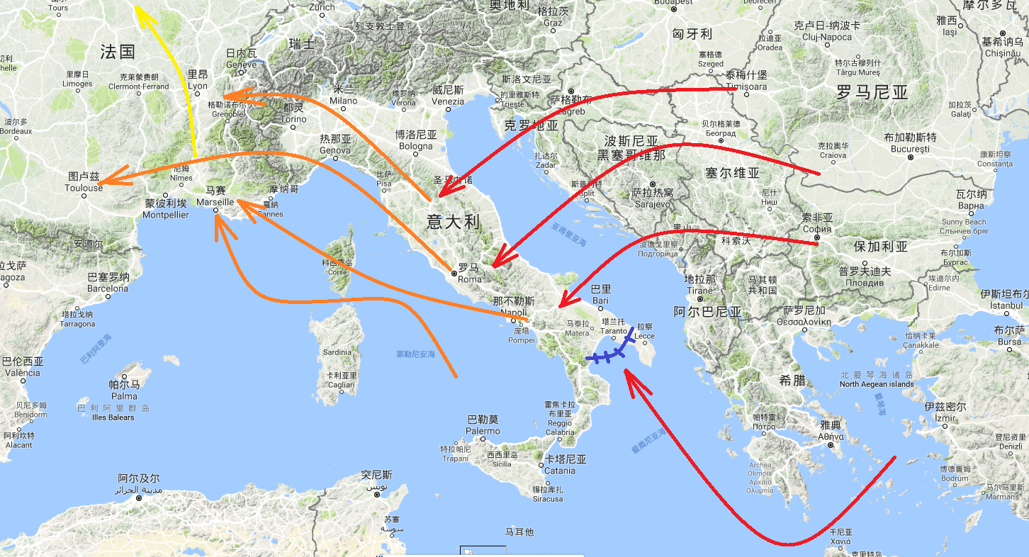 Map of the invasion of Italy and later push in Southern France during Operation Tradewind in 2050-2051. This map may not be entirely canonical.