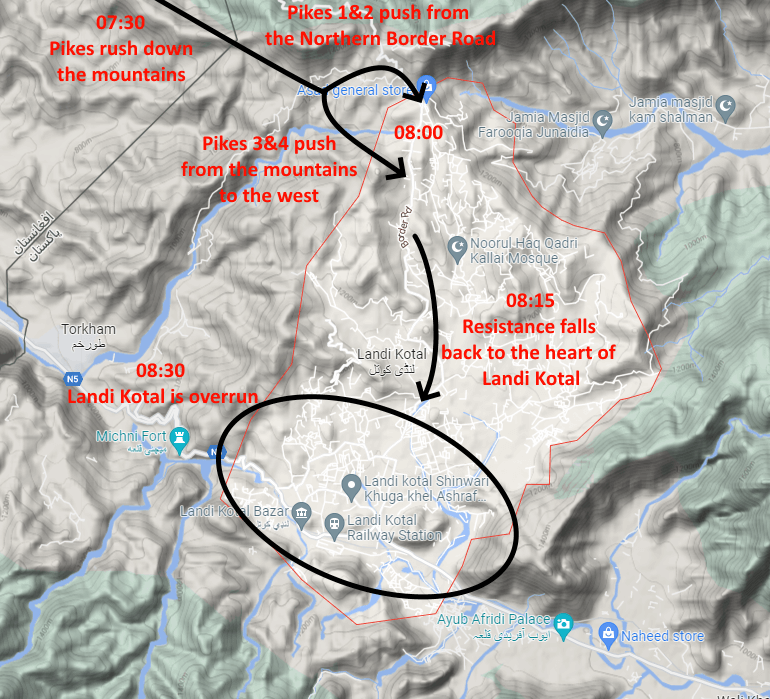 A map of the January 1981 Khyber Pass operation. Note, this map is not canonical as it's a "best guess" of the attack path.