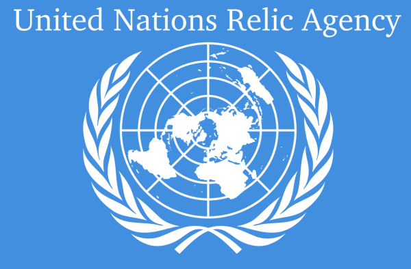 The flag of the United Nations with the agency's name.