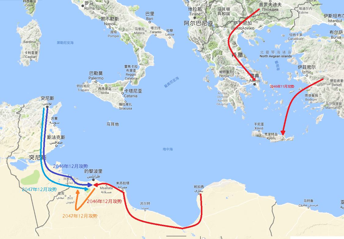 Maps of the Soviet/Warsaw Pact invasion of Greece, Soviet and NATO landings in North Africa, and the battle of Tripoli in late 2047.