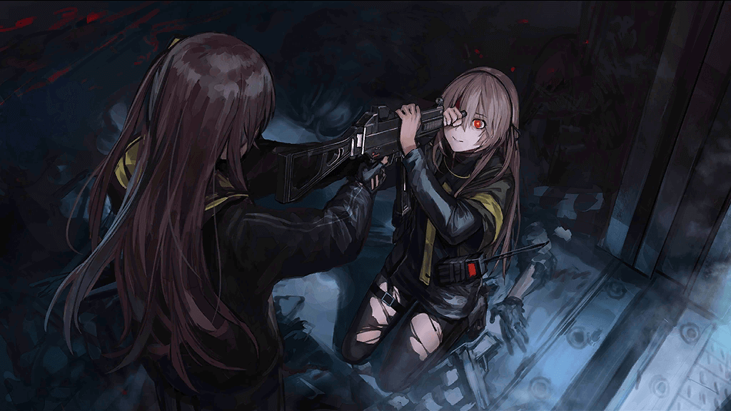 CG of UMP45 pointing her weapon at UMP40.