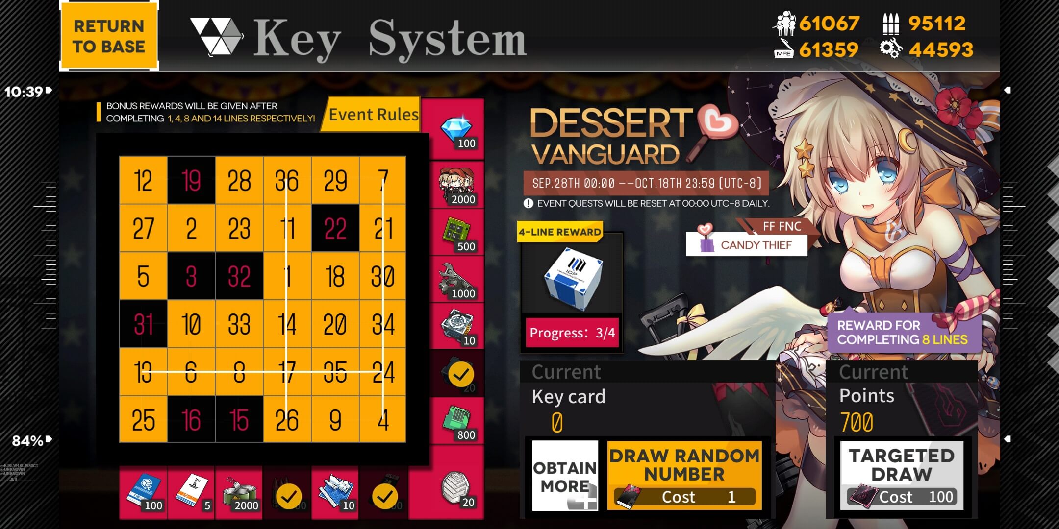 Girls' Frontline FNC Bingo (Key Card) Board with 7 open slots and 700 points, allowing for full completion by using the targeted draws. 