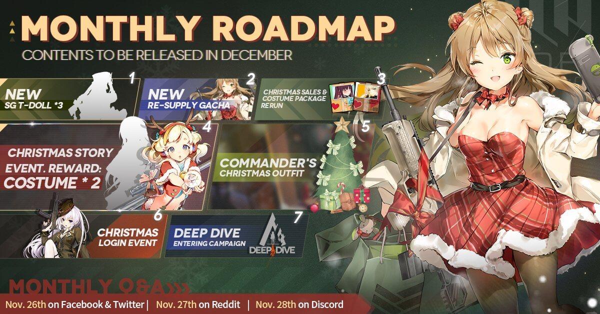 Official Girls' Frontline December Roadmap, featuring a new SG batch, Christmas Story & Login Event, and a new Re-Supply Gacha.