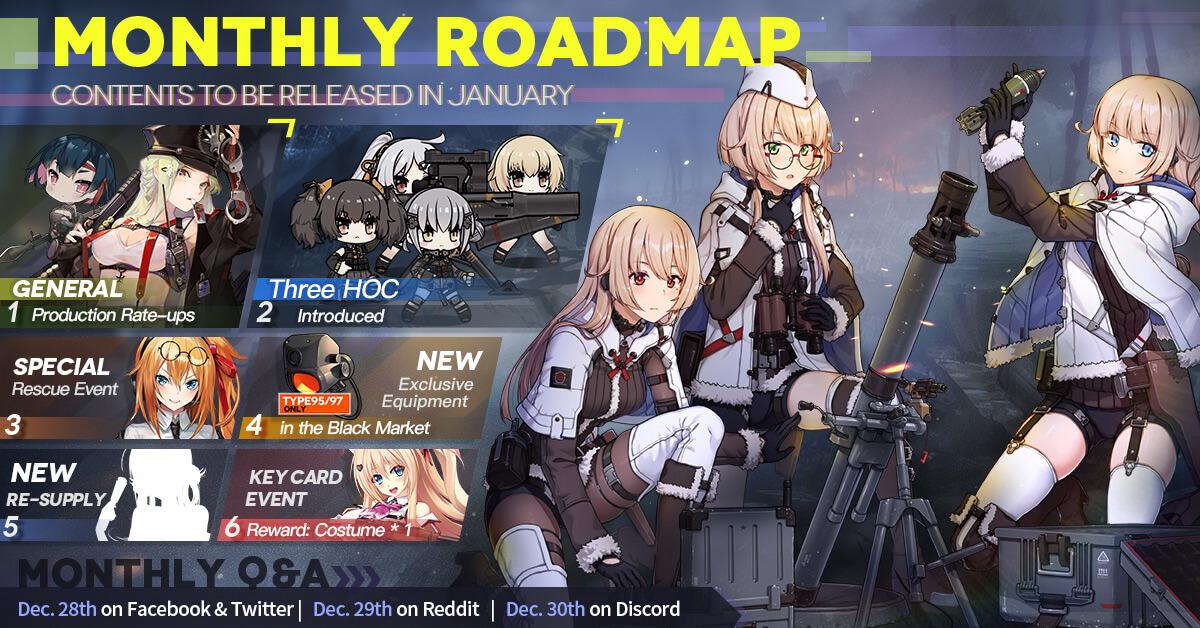 Official Girls' Frontline December Roadmap, featuring a general production rate-up, the introduction of HOCs (Heavy Ordnance Corps), a special rescue event, among many other items. 