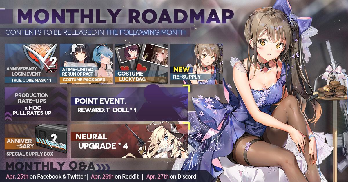 Official Girls' Frontline May 2020 Monthly Roadmap, featuring K2's Live2D costume and a Costume Lucky Bag as well as the R93 Point Event on top of many Anniversary goodies. 