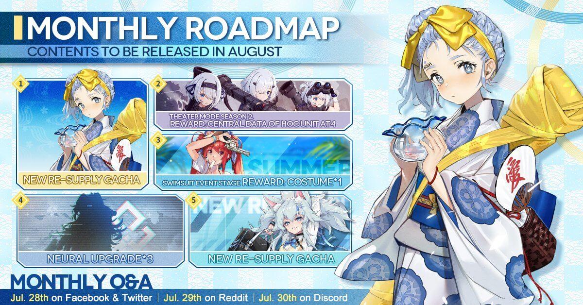 Official Girls' Frontline August 2020 Monthly Roadmap, featuring M950A's neural upgrade, the Furball Academy Gacha, Theater Season 2, and much more!