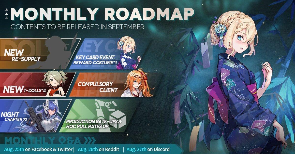 Official Girls' Frontline September 2020 Monthly Roadmap, featuring the newest CN-Resupply Gacha, a new T-Doll batch containing at least SIG-556, Night Chapter 10, an announcement of general rate-up, and much more!