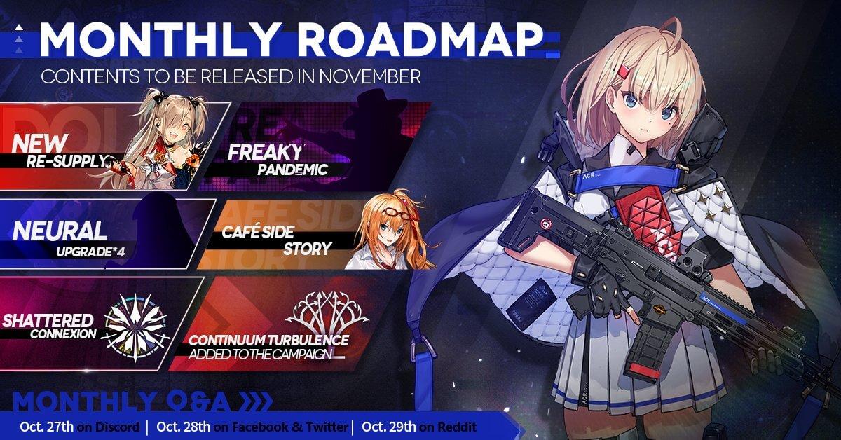 Official Girls' Frontline November 2020 Monthly Roadmap, featuring a new Resupply Gacha, a new batch of Neural Upgrades, the Shattered Connexion event, and more!
