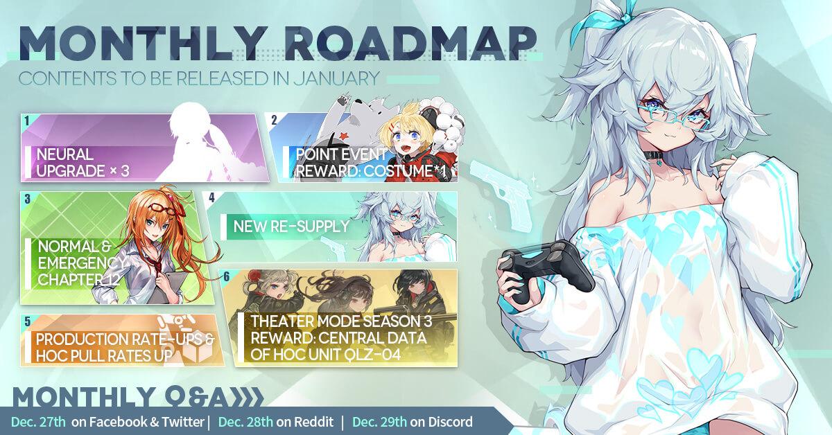 Official Girls' Frontline January 2021 Monthly Roadmap, featuring a new Neural Upgrade batch, Chapter 12 and the long-awaited 12-4E map, a new Re-Supply, Theater Season 3, a point event, and a General Rate-Up event!