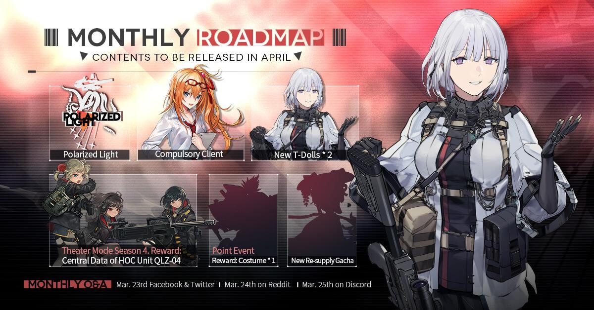 Official Girls' Frontline April 2021 Monthly Roadmap, featuring 2 new T-Dolls RPK-16 and AK-15, Theater Season 4, the Polarized Light Major Story Event, a Point Event for IDW's Costume, and another re-supply gacha!