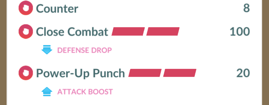 Close Combat (showing that it has a Defense Drop) and Power-Up Punch (which has an Attack Boost)