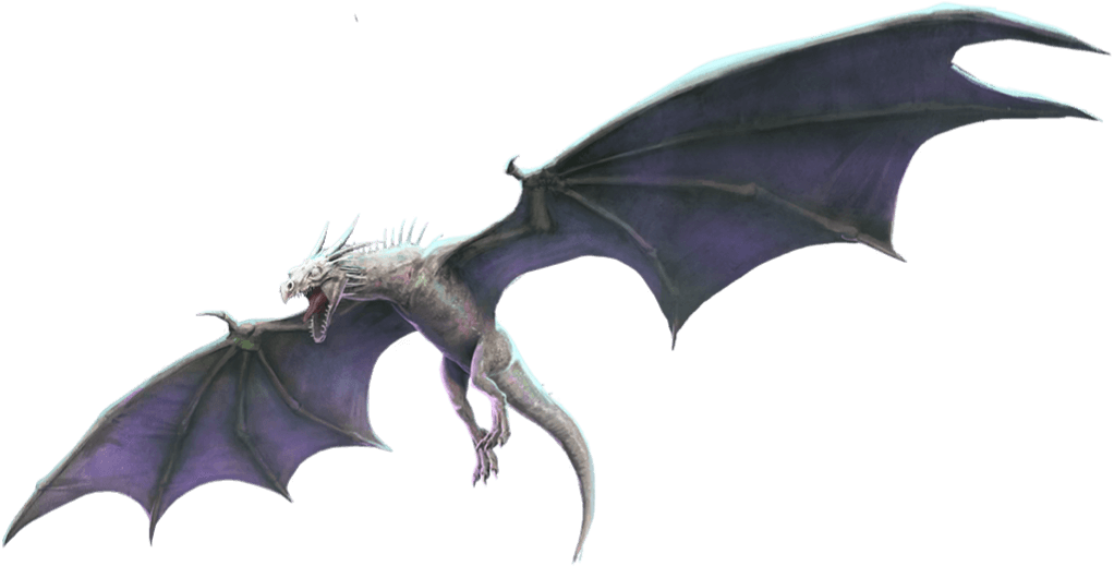 A white dragon with it's mouth open and wings spread.