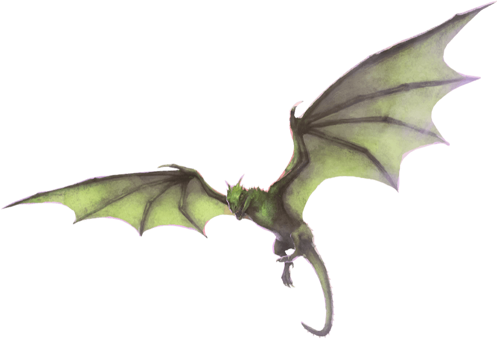 A green, two-legged dragon in flight.