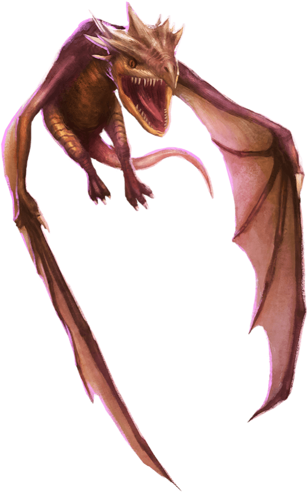 A coppery-brown dragon flying with its mouth open.