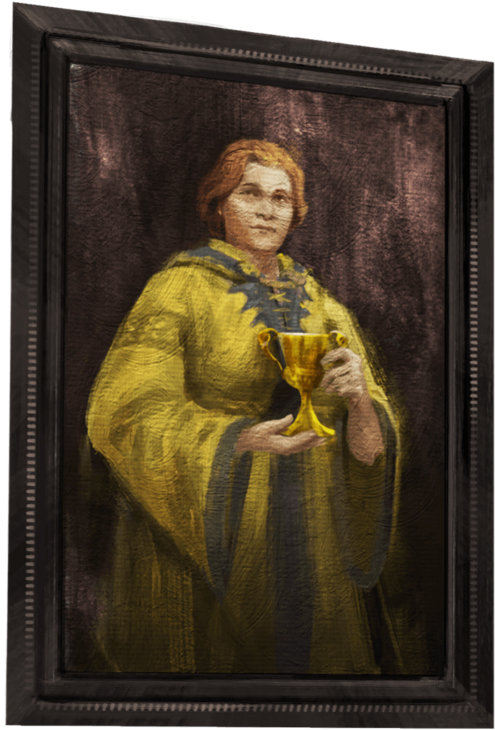 A portrait of a portly, red-haired witch in yellow robes.