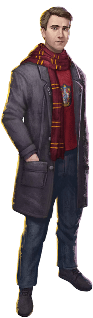 Neville wearing a red shirt and long coat with a Gryffindor scarf.