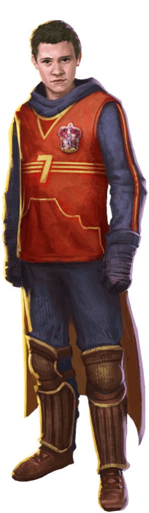 Seamus wearing a Gryffindor quidditch uniform.