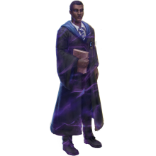 A male Ravenclaw student wearing his school robes and holding a book.