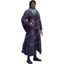 A female Slytherin Student wearing her school robes.
