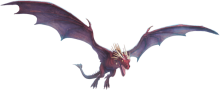 A red, horned dragon with two legs and its wings spread wide.