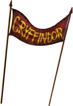 A red banner strung between two poles with Gryffindor written across it in gold letters