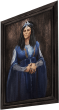 A portrait of a witch wearing blue robes and a tiara.