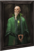 A portrait of a bald, bearded wizard in a green robe.
