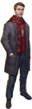 Neville wearing a red shirt and long coat with a Gryffindor scarf.